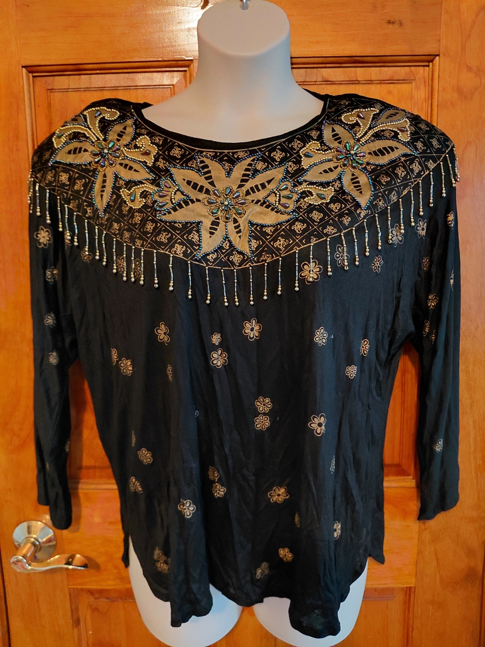 Jane Ashley Black Tunic with Gold Beaded Floral Yoke